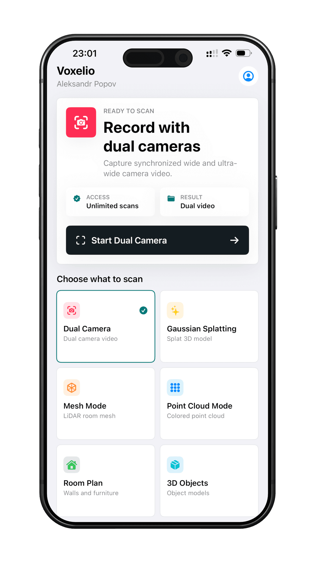 Voxelio Dual Camera mode screen