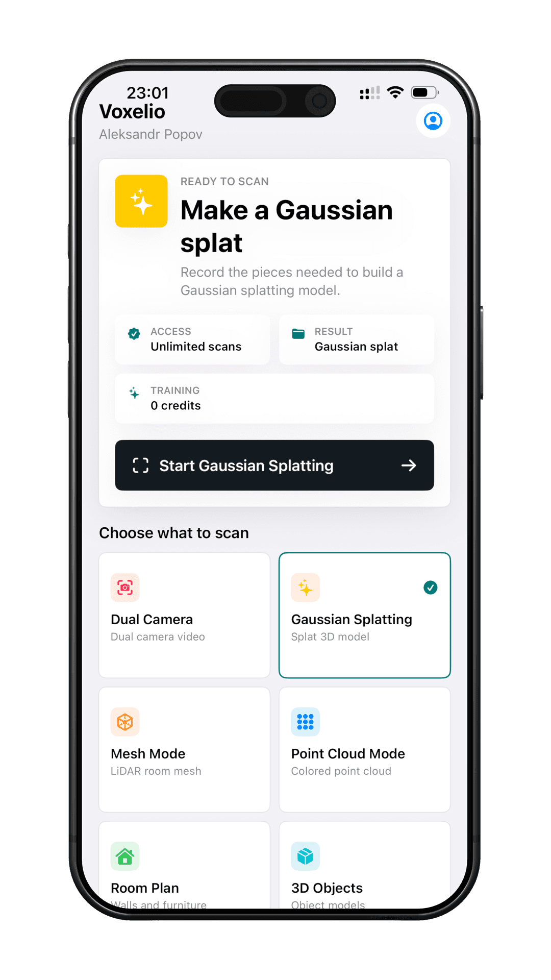 Voxelio Gaussian Splatting mode screen