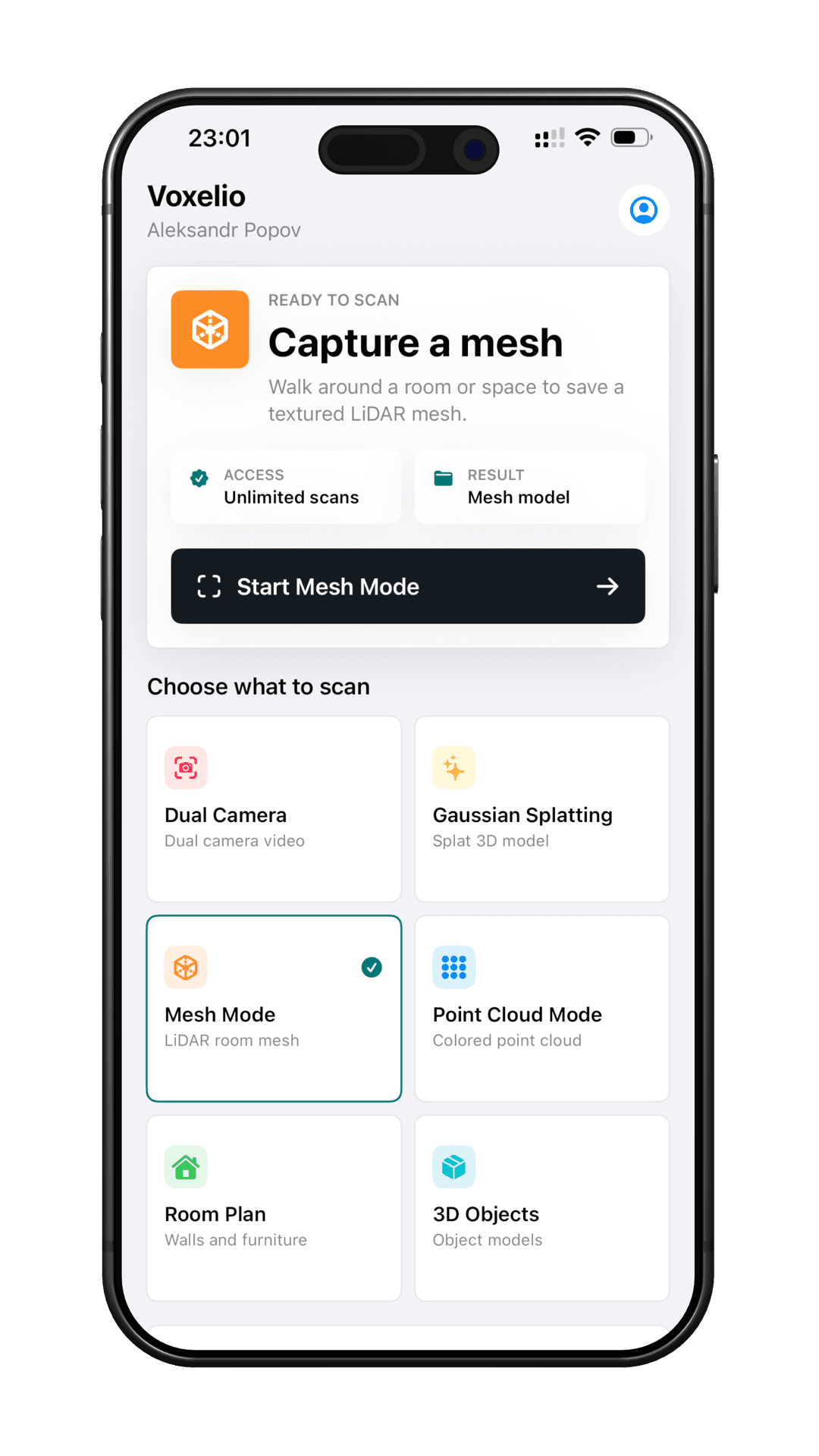 Voxelio Mesh Mode screen ready to capture a LiDAR room mesh