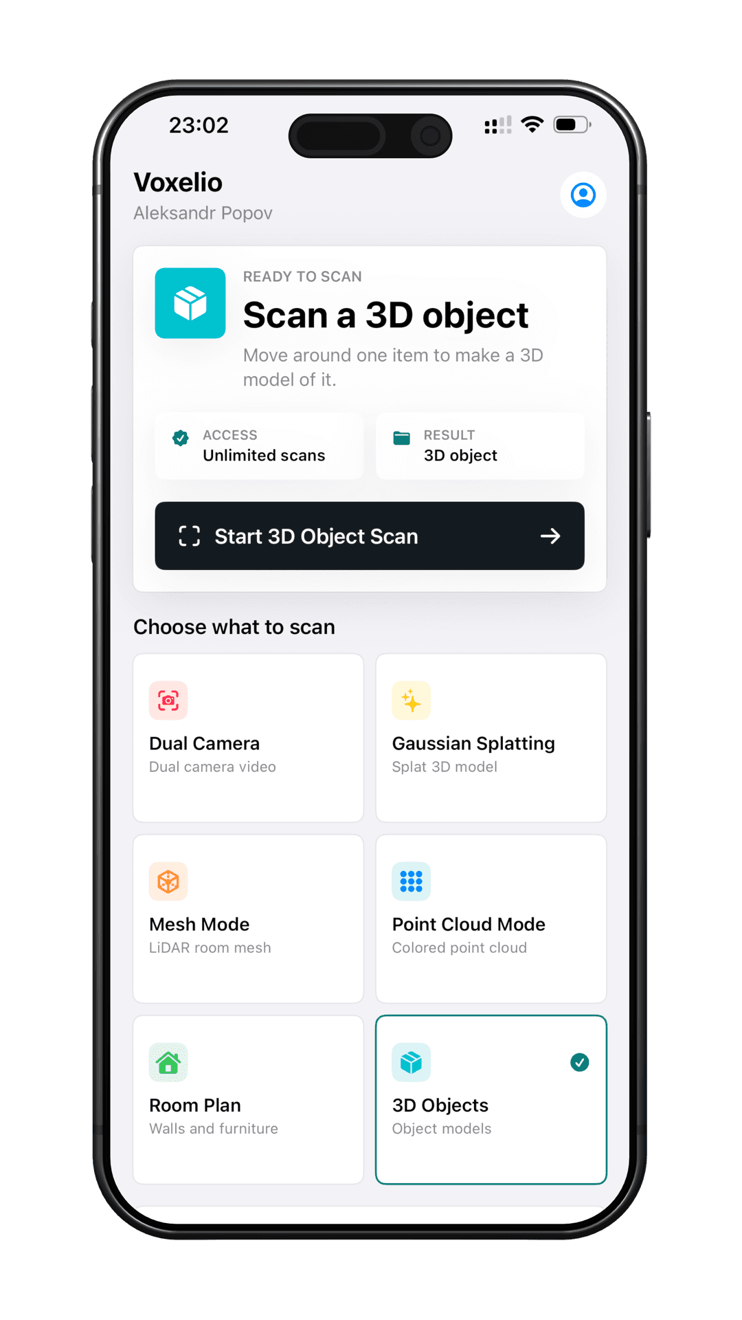 Voxelio 3D Objects mode screen