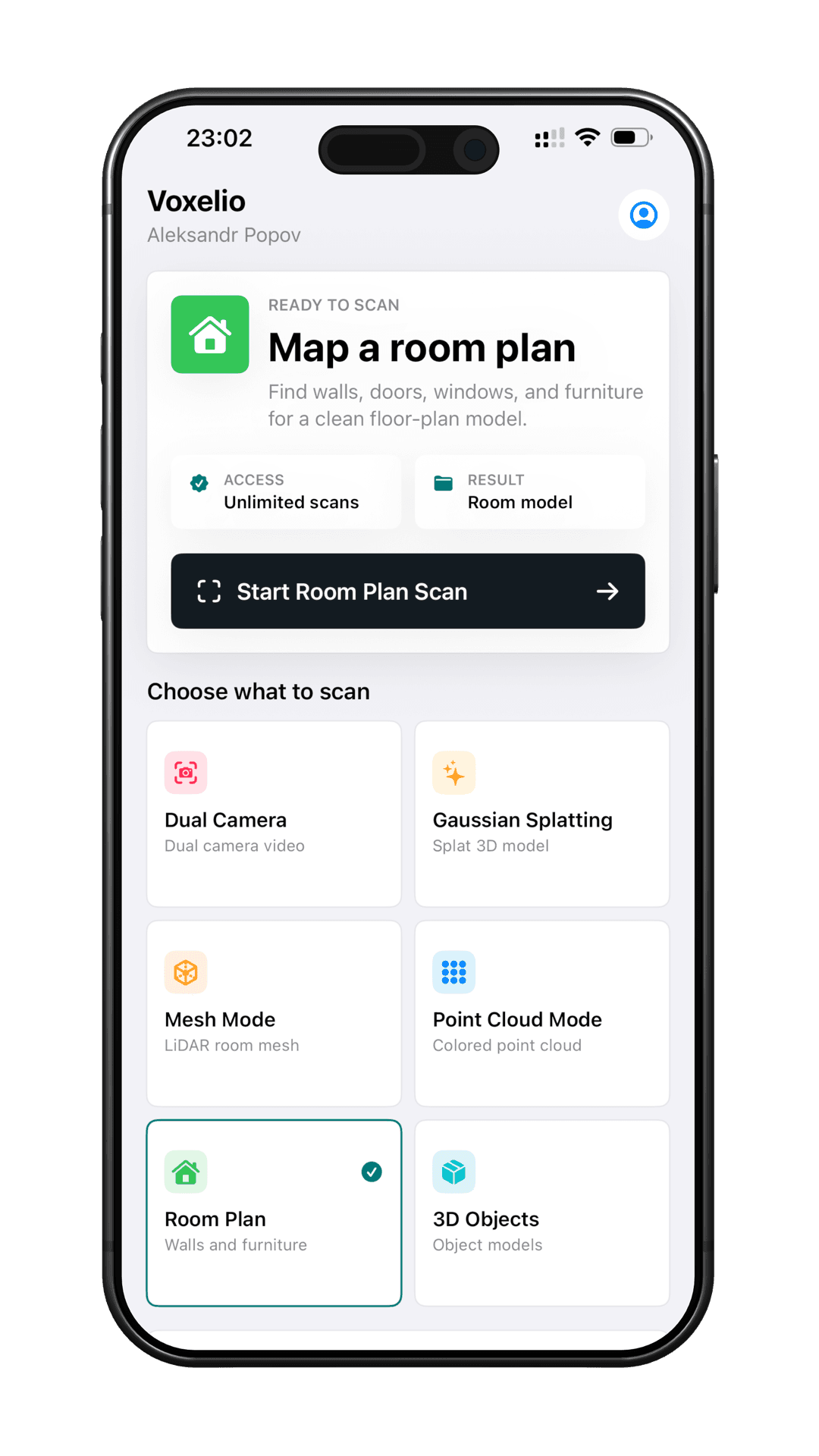 Voxelio Room Plan mode screen