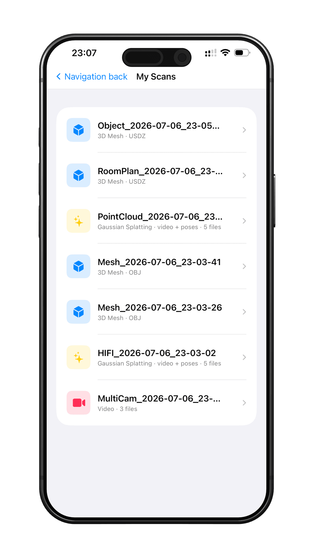 Voxelio scan library with saved scan projects